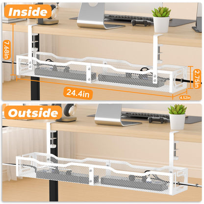 Under Desk Cable Management Tray, No Drill Steel Desk Cable Organizers, Wire Management Tray Cable Management Rack (24.4" Length-White)
