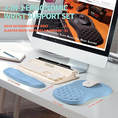 2-in-1 Ergonomic Set, Wave Rise Keyboard Wrist Rest and Massage Bulge Slope Mouse Pad Wrist Support, Cushion Memory Foam Integrated to Relieve Wrist Pain, Lake Blue