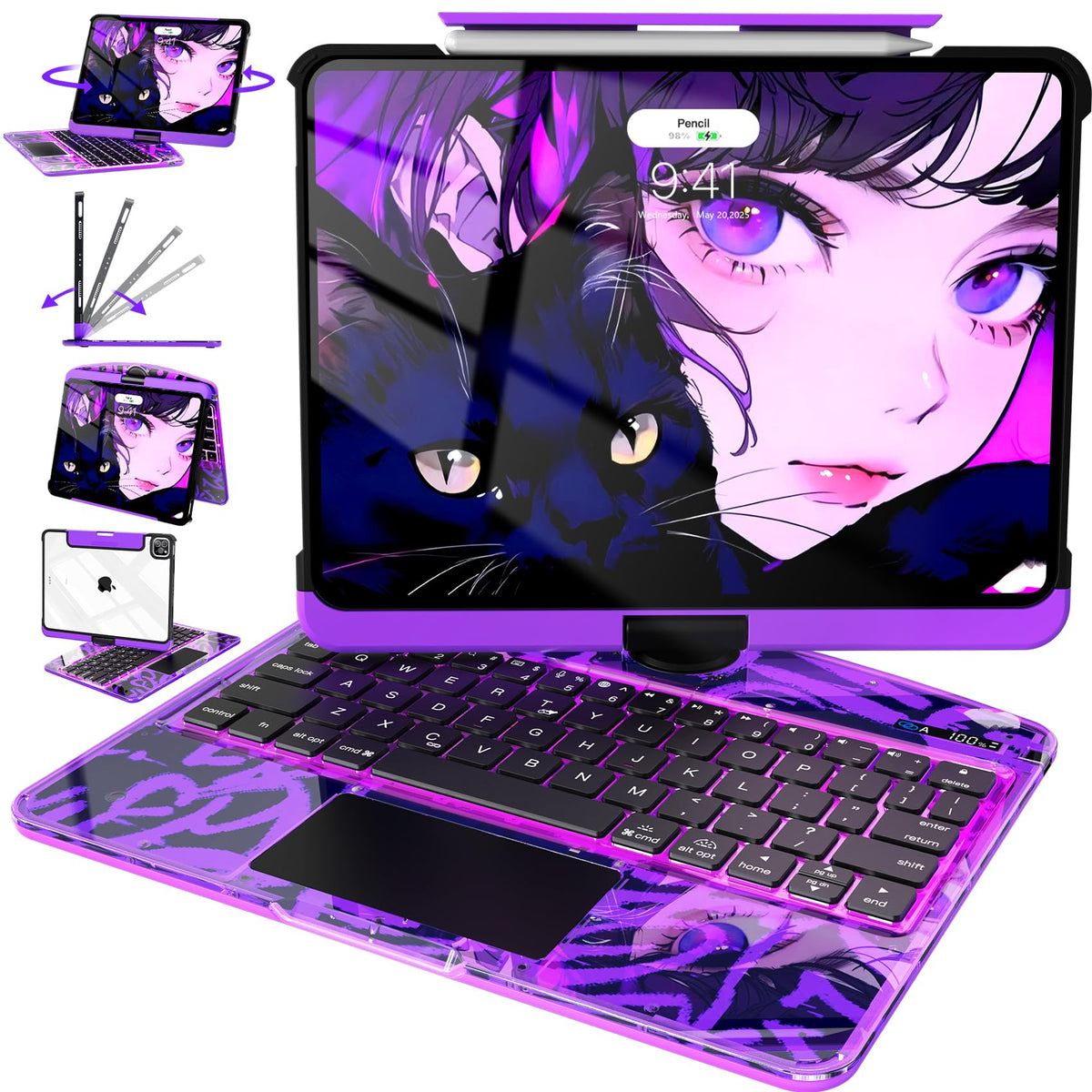 Intermerge Transparent Keyboard Case for iPad Pro 13"(M5,2025/ M4,2024), 360° Swivel Multi-Touch Trackpad, 7-Color RGB Backlit, Pencil Holder, Type-C, Power Indicator, Aqua Pulse