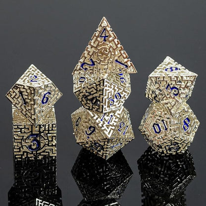 Silver Metal Hollow DND Dice Set (Cleric) Metallic Luster Maze Design with Storage Box - Balanced Weight 7 Piece Zinc Alloy, Designed for Dungeons and Dragons DM and Player RPG Accessories
