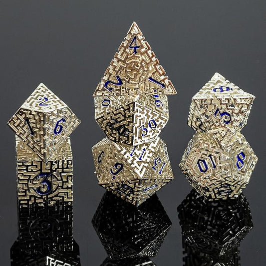 Silver Metal Hollow DND Dice Set (Cleric) Metallic Luster Maze Design with Storage Box - Balanced Weight 7 Piece Zinc Alloy, Designed for Dungeons and Dragons DM and Player RPG Accessories