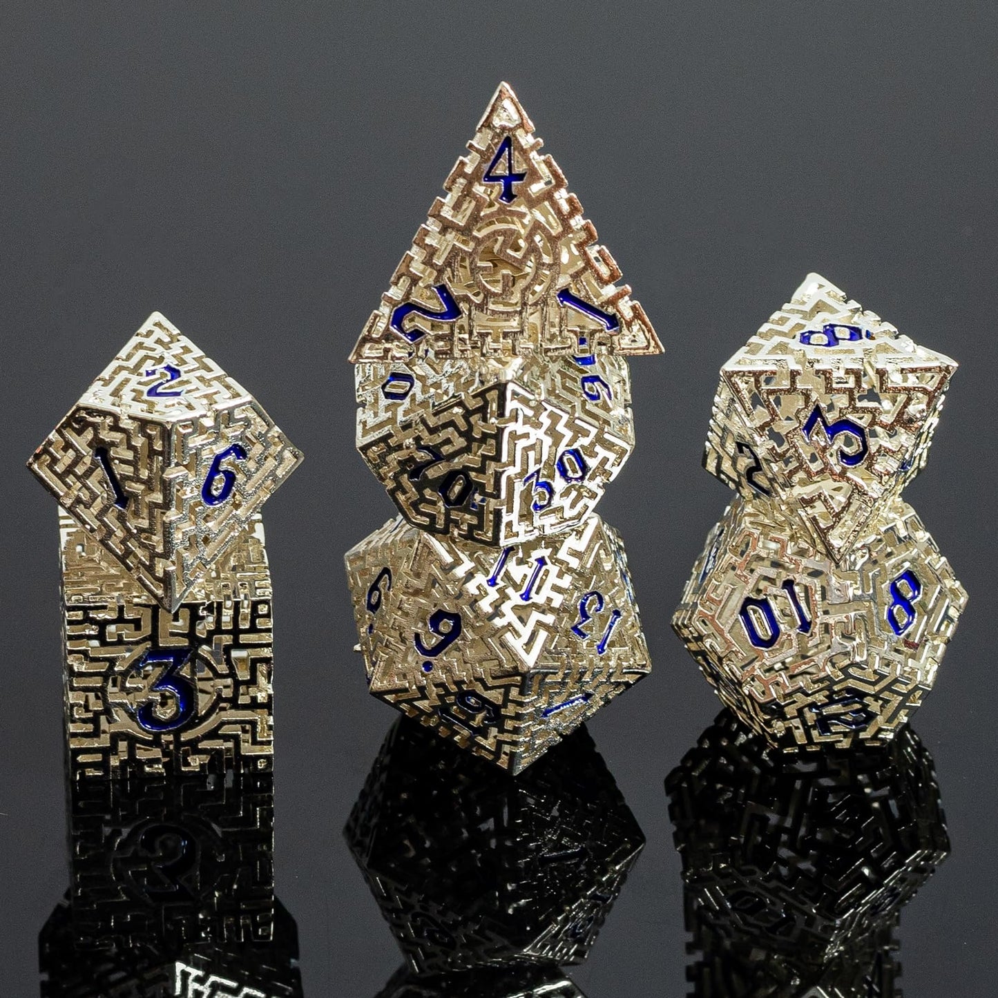 Rolledomain Metal Hollow DND Dice Set with A Gift Box, Silver Metallic Luster Maze Design, Ideal DND Dice Set for D&D DM and Players, Perfect for Dungeons and Dragons, MTG, COC Game Meetings (Cleric)