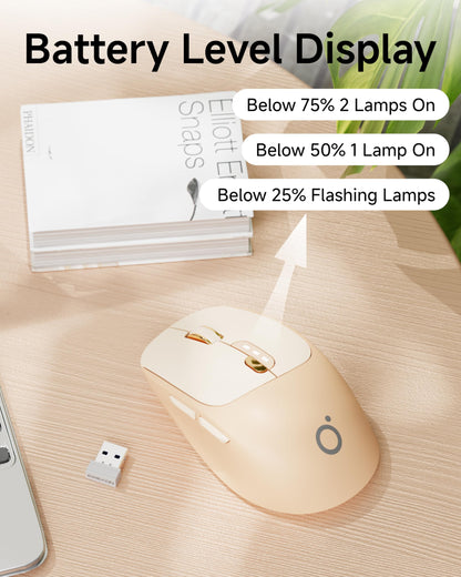 SEUNKWANG Dual-Mode Wireless Mouse with Visible Battery Indicator, Silent Rechargeable Bluetooth & 2.4G Computer Mouse, 1600 DPI, One-Click Desktop Privacy Key, Portable Mice for Laptop/PC/Mac - Pink