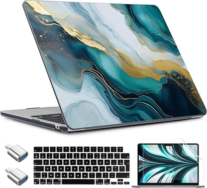 TWOLSKOO Compatible with M4 MacBook Air 15 inch Case 2025-2023 Released Model M4 A3241 M3 A3114 M2 A2941, Plastic Hard Shell & Screen Protector & Keyboard Cover & Type C Adapter, Graphite Marble