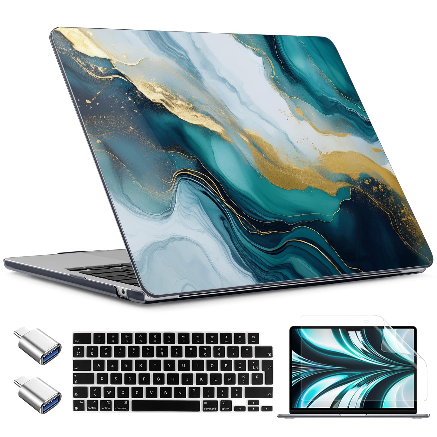 TWOLSKOO for MacBook Air 15 inch Case 2026 2025 2024 2023 Release M5 A3448 M4 A3241 M3 A3114 M2 A2941, Plastic Hard Shell & Screen Protector & Keyboard Cover & Type C Adapter, Graphite Marble