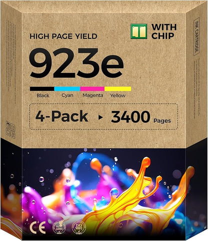 923XL 923e Ink Cartridges with chip 4-Pack Black Cyan Magenta Yellow High Yield Replacement for HP 923 923e Ink Compatible for HP OfficeJet Pro 8135e 8138e 8139e 8122e 8120 8123 8130 8133 Printers