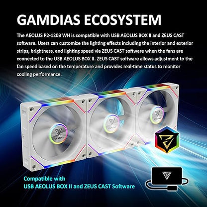 GAMDIAS AEOLUS P2-1203 120mm ARGB PWM Fan (3 Pack, no Hub), Include Reverse Fan Blade x3 & Controller, ARGB Sync, Easy Installation & Cabless Daisy-Chain Design, Silent Operation, Up to 2400RPM, White