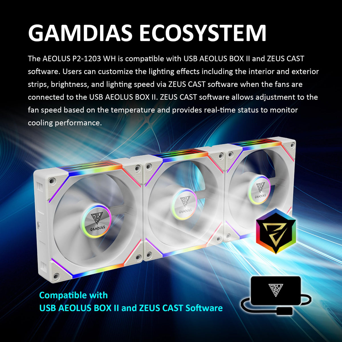GAMDIAS Aeolus P2-1203U 120mm ARGB PWM Fan(3 Fan Pack w/USB Hub), Include Reverse Fan Blade x3, ARGB Sync Ready, Easy Installation & Cabless Daisy-Chain Design, Silent Operation, Up to 2400RPM, White