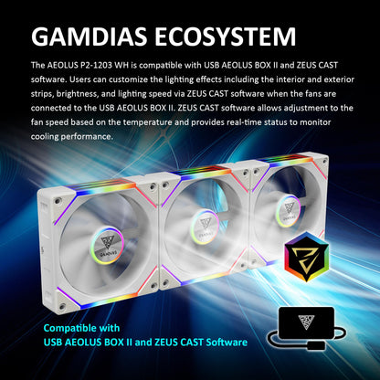 GAMDIAS Aeolus P2-1203U 120mm ARGB PWM Fan(3 Fan Pack w/USB Hub), Include Reverse Fan Blade x3, ARGB Sync Ready, Easy Installation & Cabless Daisy-Chain Design, Silent Operation, Up to 2400RPM, White