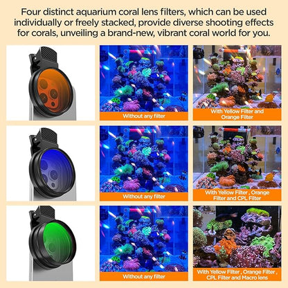 52MM Coral Reef and Reef Tank Filter Kit for Phone, CPL Polarizing+20,000k Yellow+15,000k Orange+10x Macro, Clip, Saltwater Aquarium Lens Compatible with iPhone16 15 Pro Max Samsung Moto Google TCL