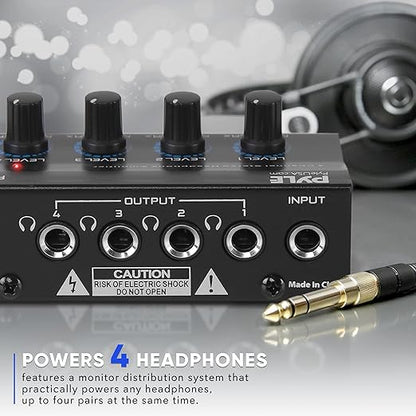 Pyle 4-Channel Portable Stereo Headphone Amplifier - Professional Multi Channel Mini Earphone Splitter Amp w/ 4 ¼” Balanced TRS Headphones Output Jack and 1/4" TRS Audio Input For Sound Mixer