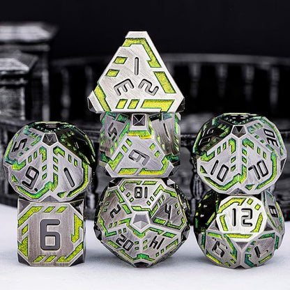 Metal DND Sci-fi Dice Set 7PCS Stripe Polyhedral Dice for Dungeons Dragons RPG Role Playing Game, Glitter D and D Dice with Gift Box D6 D8 D10 D12 D20 (Grey&Green Yellow)