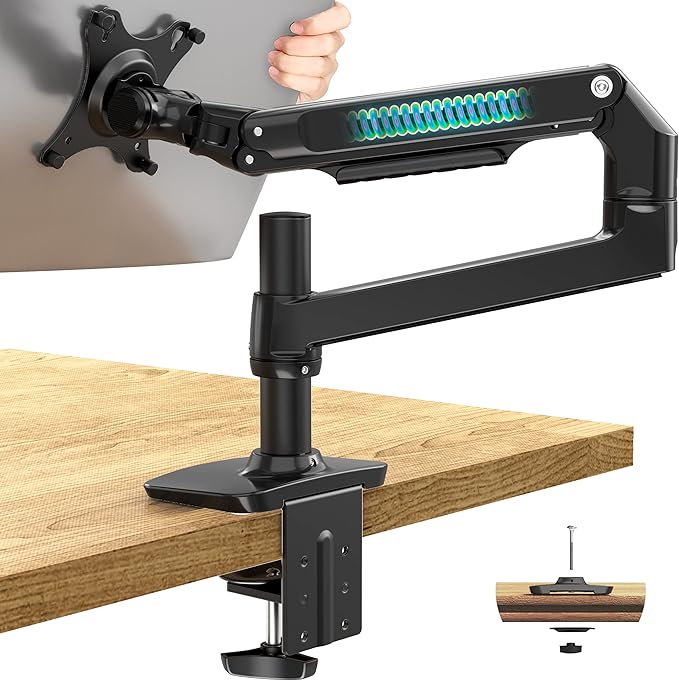 Single Monitor Arm Desk Mount, Holds Screens up to 40 Inches and 25 lbs, Fully Adjustable Vesa Monitor Mount with C-Clamp and Grommet Base, Aluminum, Black