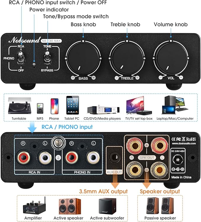 Douk Audio NS-13G MAX 300Wx2 Stereo Amplifier with Phono Input - HiFi Class D Mini Power Amp for Home Theater, Turntables, Studio Monitor | TPA3255 Chip, RCA/MM Inputs, Bass/Treble Control (DC 48V)
