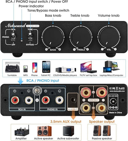 Douk Audio NS-13G MAX 300Wx2 Stereo Amplifier with Phono Input - HiFi Class D Mini Power Amp for Home Theater, Turntables, Studio Monitor | TPA3255 Chip, RCA/MM Inputs, Bass/Treble Control (DC 48V)