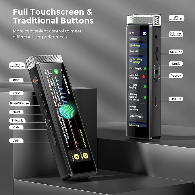 136GB Digital Voice Recorder with Playback, Innioasis R1 Full Touchscreen Voice Recorder with Bluetooth, Voice Activated Sound Audio Recorder Device with Mic (Silver)