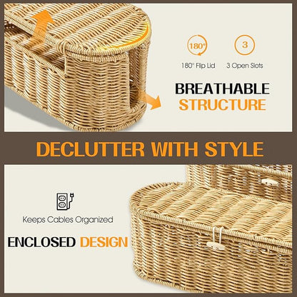 FairyHaus Cable Management Box 2Pack Caramel, Handwoven Large and Small Cable Organizer Box Cover to Hide Cords and Power Strip, Imitation Wicker Cord Organizer Box Hider for Office Desk and Floor