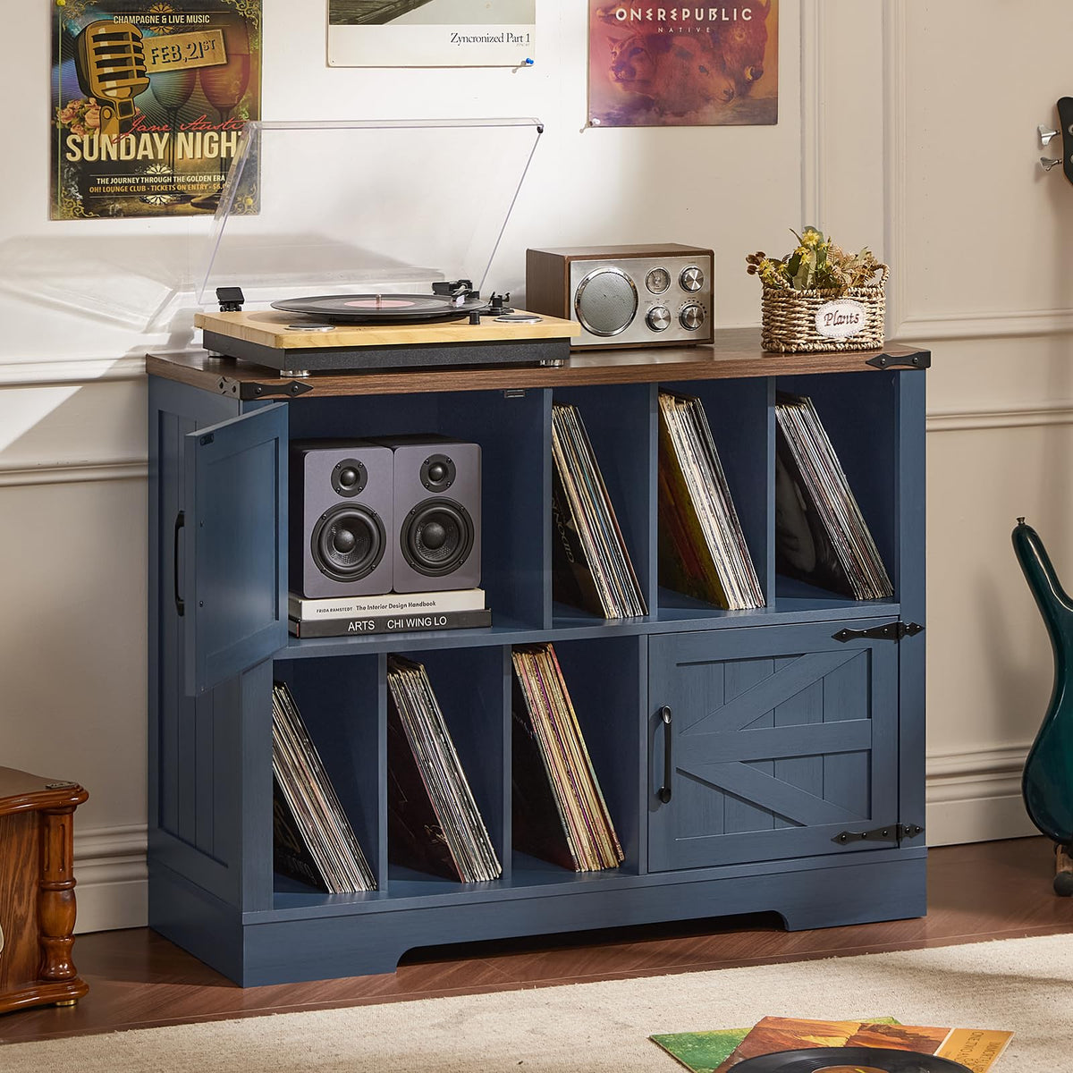 Joaxswe Large Record Player Stand with Vinyl Storage Up to 450 Albums, 39 Inch Farmhouse Brown Walnut Storage Cabinet with Barn Doors, Wood Vintage Mid-Century Turntable Stand for Bedroom, Living Room