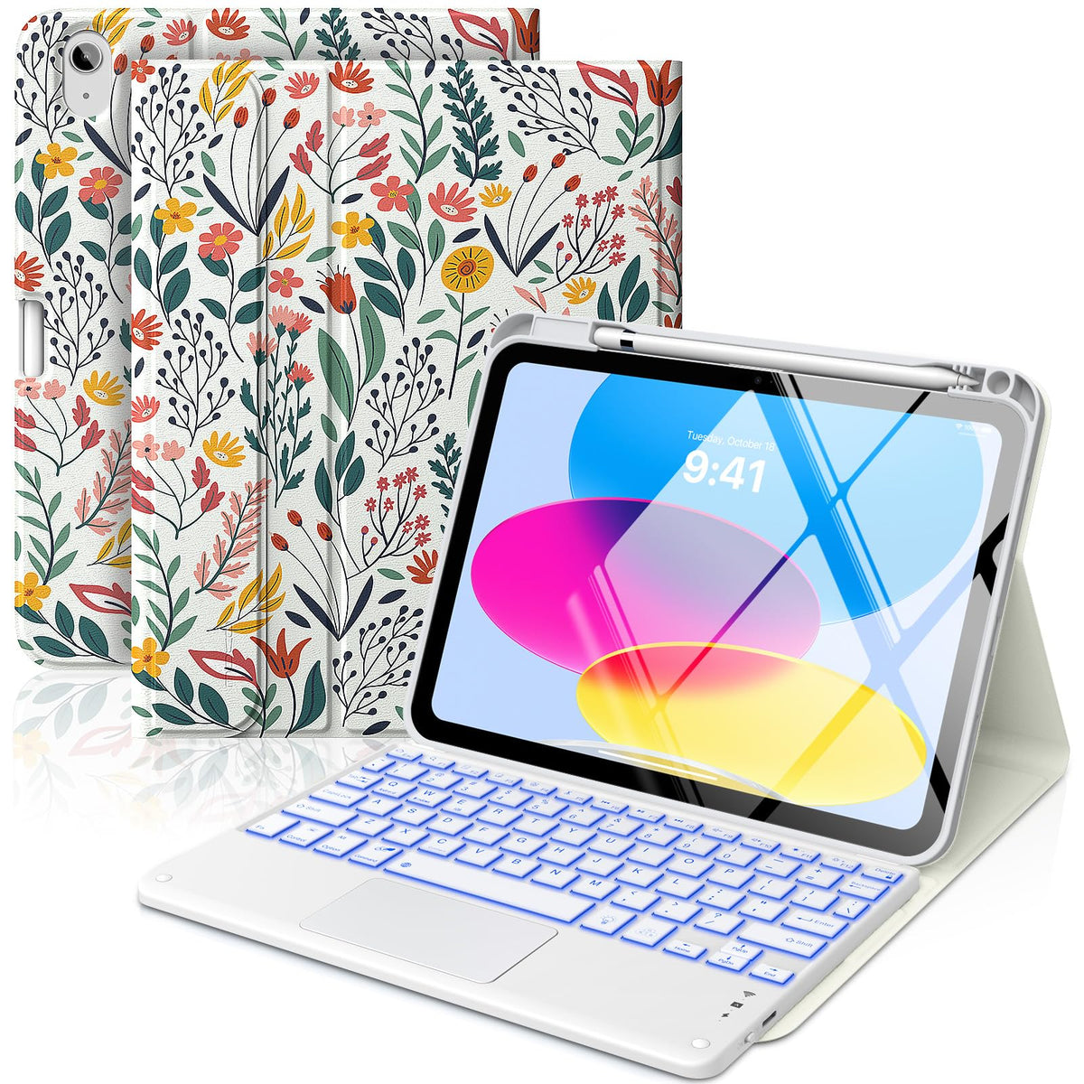 MoKo Touch Keyboard Case for iPad (A16) 11th/10th Gen,Nosegay Pink