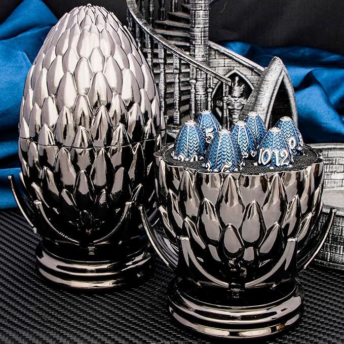ARUOHHA DND Metal Dice Black Blue Dragons Egg Dice with Rotating Dragon Egg Shell, Compatible with D&D RPG Role Playing Game, Dungeons Polyhedral D and D Dice Set D20 D12 D10 D8 D6 D4