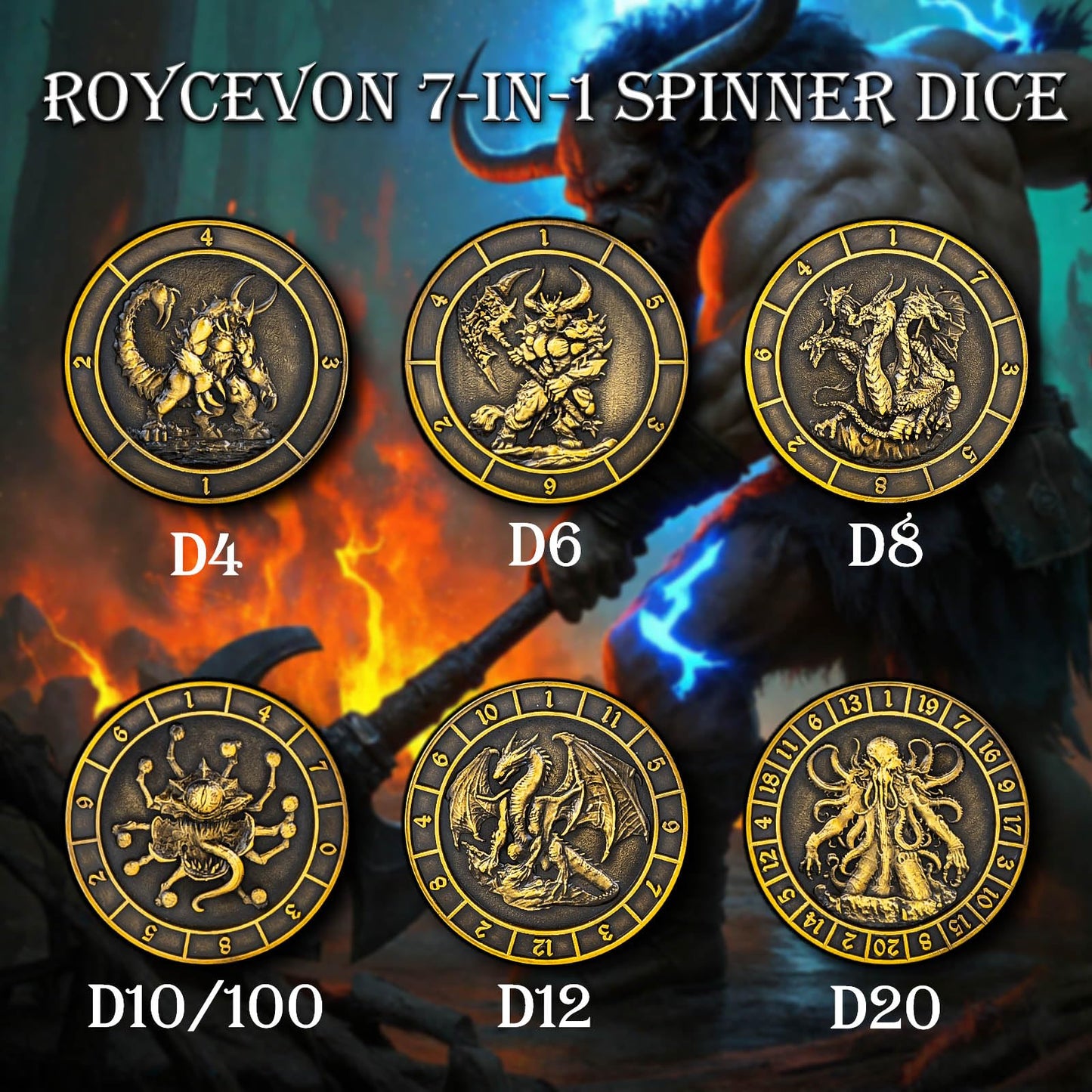 Roycevon 7 in 1 Unique Spinner DND Dice Set D&D, Metal D and D Dice with Gift Box, Dungeons Dragons Role Playing Dice, Gold