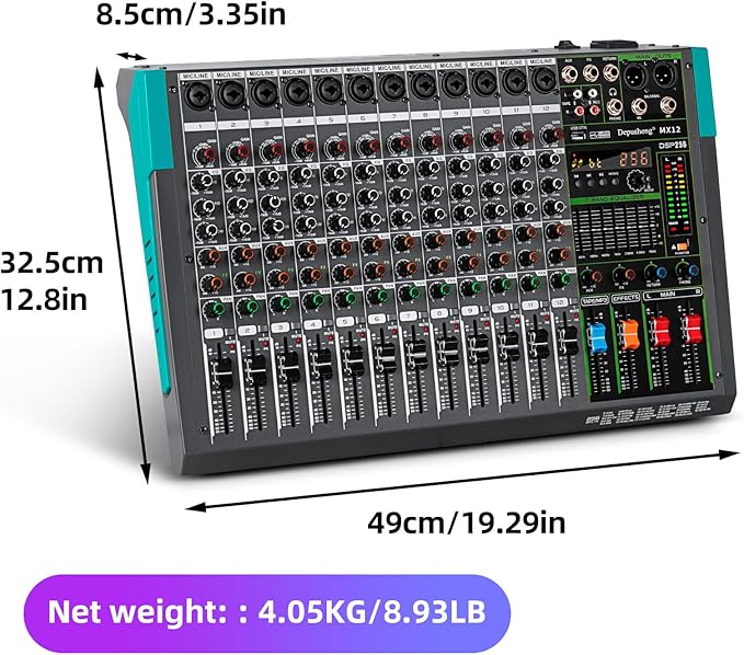 Depusheng MX12 12 Channel Sound Mixer Audio Mixing Console 48V 256DSP Professional USB PC Play Record Podcast Live Broadcast (US MX12)