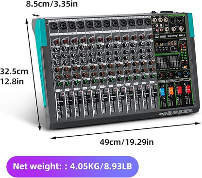 Depusheng MX12 12 Channel Sound Mixer Audio Mixing Console 48V 256DSP Professional USB PC Play Record Podcast Live Broadcast (US MX12)
