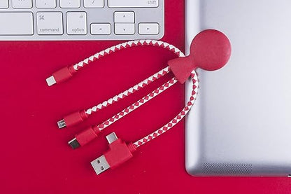 Multi USB Cable 4 in 1 - Universal Charger Made from Recycled Plastic - USB, USB-C, Lighting, Micro USB Ports - Compatible with All Smartphones Mr Bio RED Octopus