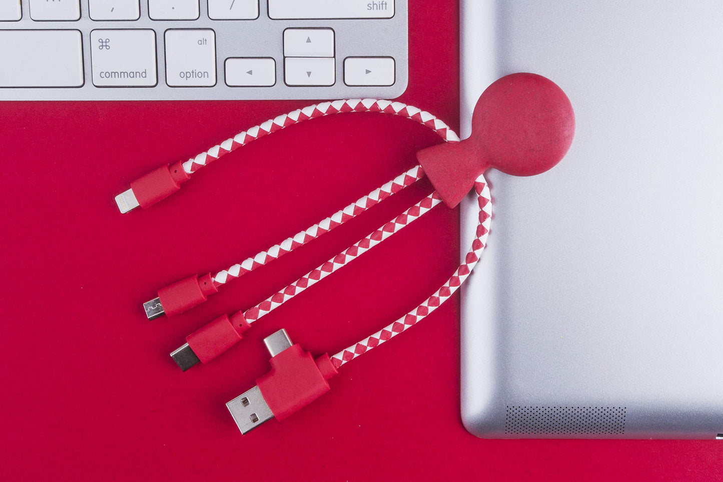 Xoopar Multi USB Cable 4 in 1 - Universal Charger Made from Recycled Plastic - USB, USB-C, Lighting, Micro USB Ports - Compatible with All Smartphones Mr Bio RED Octopus