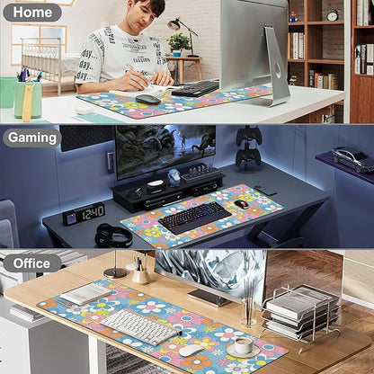 Colorful Retro Flowers Desk Mat,Large Cute Floral Gaming Keyboard Mouse Pad,Non-Slip Rubber Base Desk Pad Thick Stitched Edges Waterproof Mousepad Mouse Mat 31.5"x11.8"