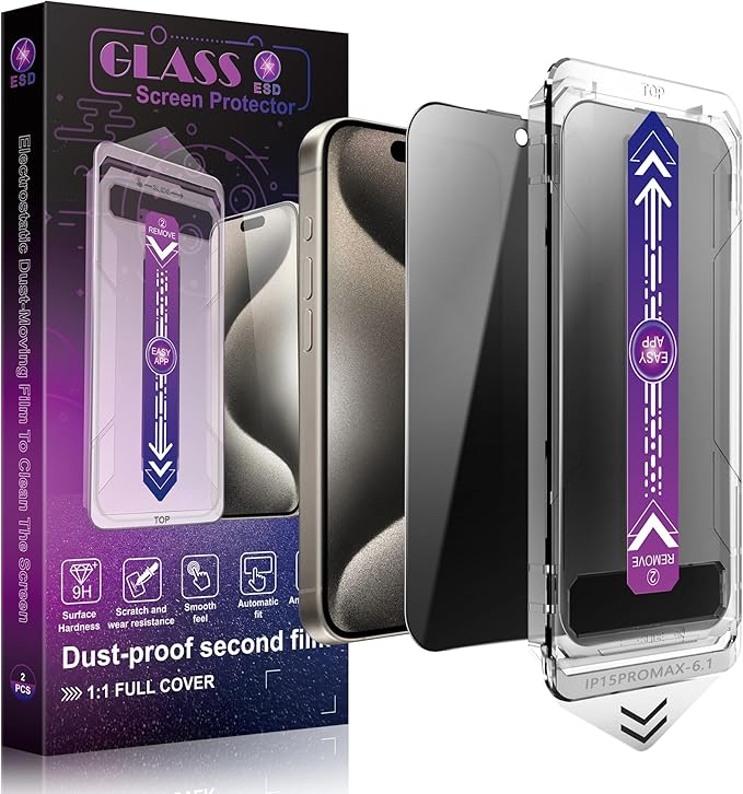 2 Pack Privacy Screen Protector for iPhone 15 Pro Max 6.7-Inch Auto Dust Removal, No Bubbles,Anti-Spy Tempered Glass Film, Easy Installation