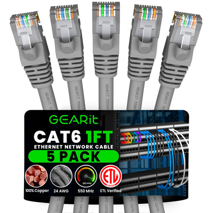 GEARit Cat6 Patch Cables Cat 6 Ethernet Cable 3 ft 5-Pack Black