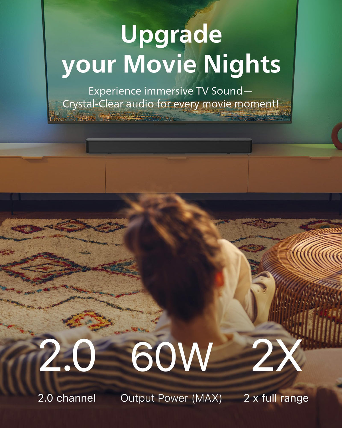 Philips B4000 2.0 Channel Bluetooth Soundbar - HDMI ARC, Roku TV Ready, 60W Max Power, Black