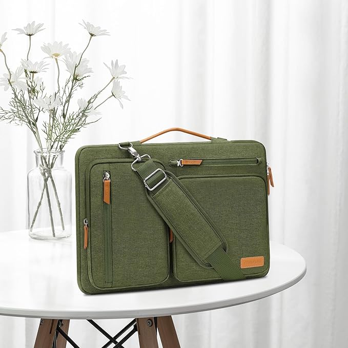 MOSISO 360 Protective Laptop Shoulder Bag,15 inch Computer Bag Compatible with MacBook Air M4 M3 M2/Pro A1990 A1707, Dell XPS Plus,Side Open Messenger Bag with 4 Zipper Pockets&Handle, Olive Green