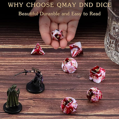 QMAY DND Dice Set -D&D Polyhedral Dice (7 Pcs) for Dungeons and Dragons (Blood red and White)