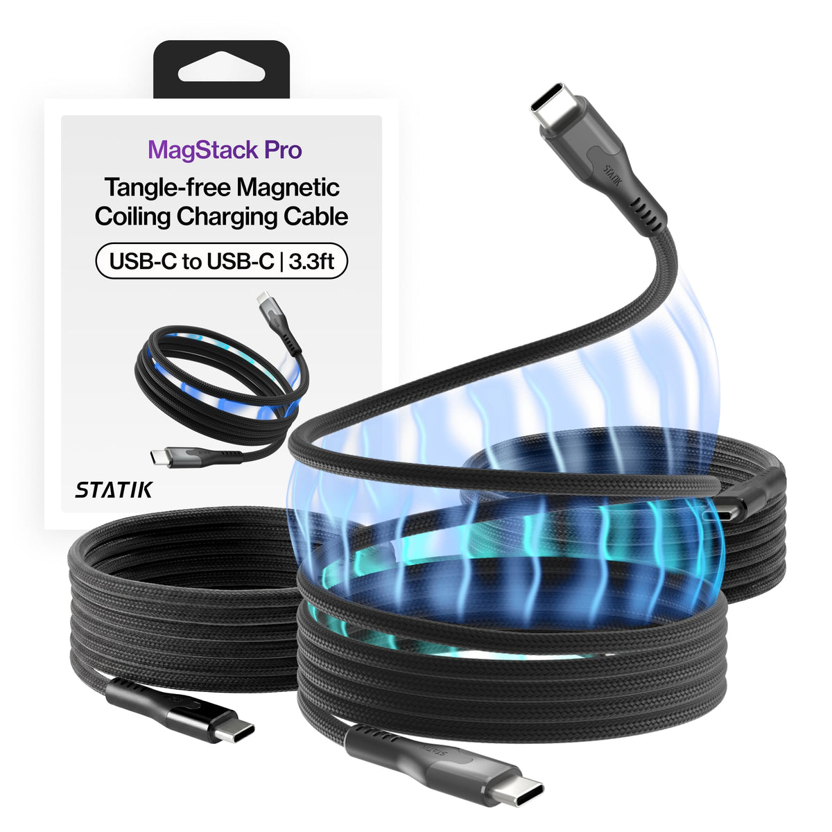 Statik MagStack Pro USB C to USB C Coiling Magnetic Charging Cable,100W