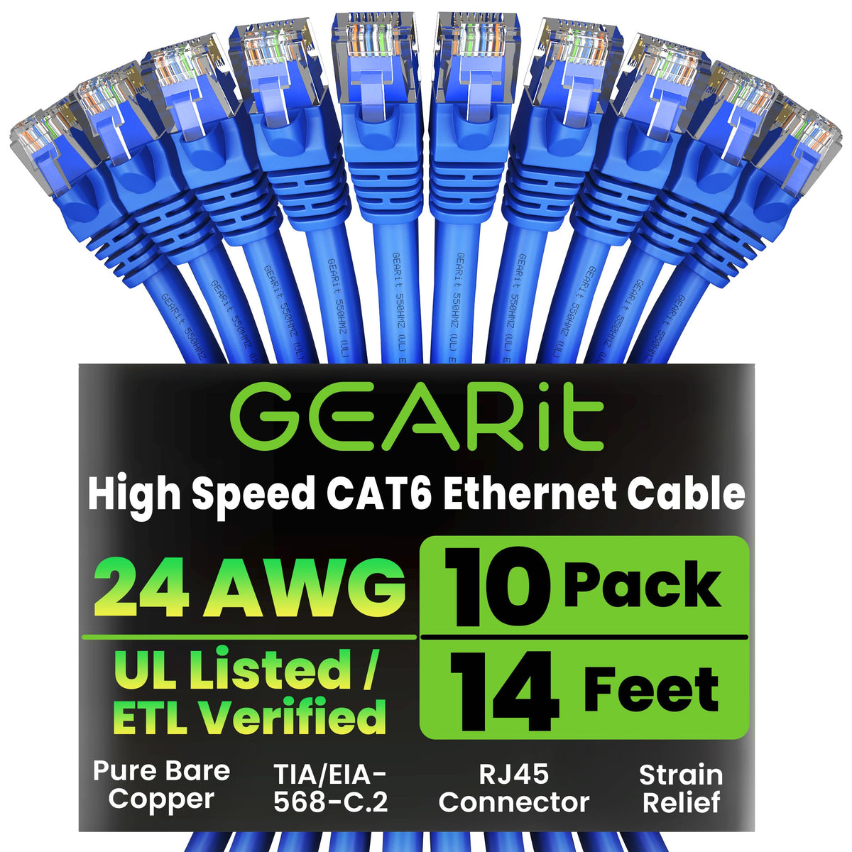 GEARit Cat6 Patch Cables Cat 6 Ethernet Cable 6 ft 10-Pack Green