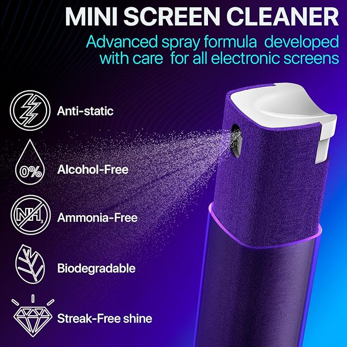 Mini Screen Cleaner Spray – Finger Proof Screen Cleaner for Smartphones, iPads, MacBooks, Laptops, Car Screens, Touchscreens – 3 in1 Mist Cleaner, Microfiber Cloth and Protective Cover (Grey)