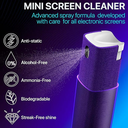 Mini Screen Cleaner Spray – Finger Proof Screen Cleaner for Smartphones, iPads, MacBooks, Laptops, Car Screens, Touchscreens – 3 in1 Mist Cleaner, Microfiber Cloth and Protective Cover (Blue)