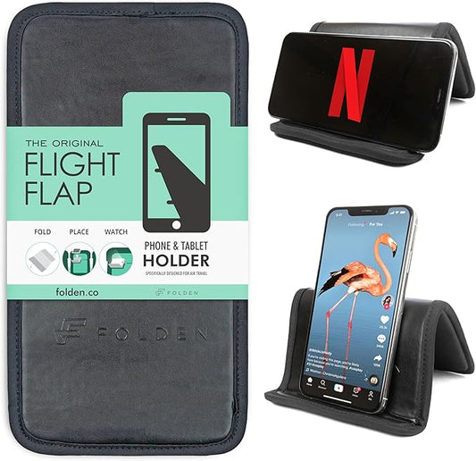 Airplane Phone Holder, Flexible Cell Phone Holder, Folding Cellphone Stand for Desk, Bed, Office, Treadmill - Airplane Gadgets for Long Travel Accessories - Plane Essentials (Vegan Leather)