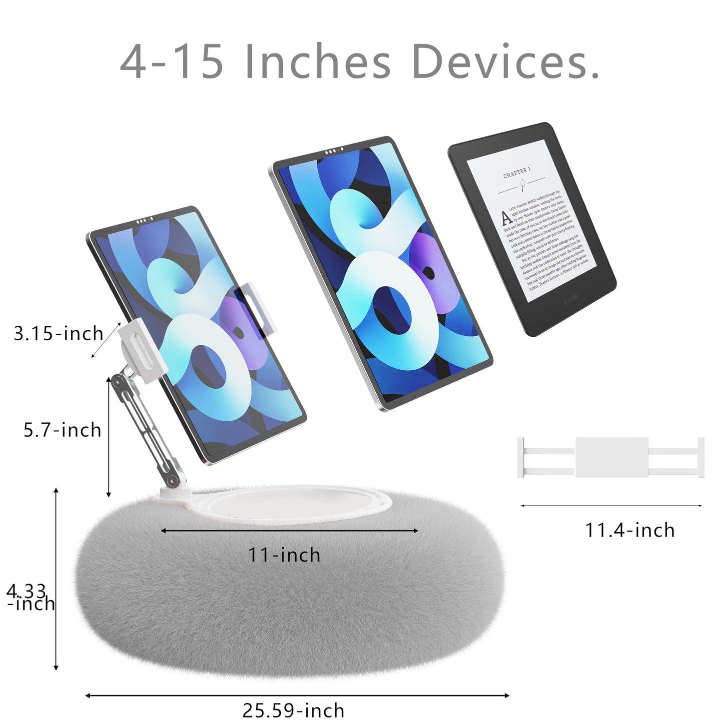 KABCON Pillow Tablet Stand for Kindle,360°Adjustable Aluminum Pole Phone Holder with Soft Plush Fabric for 4.7"-13" Phones/Tablets,iPad Pro Mini Air 12.9,iPhone Pro Max,Samsung Galaxy,LG,Kindle-Grey