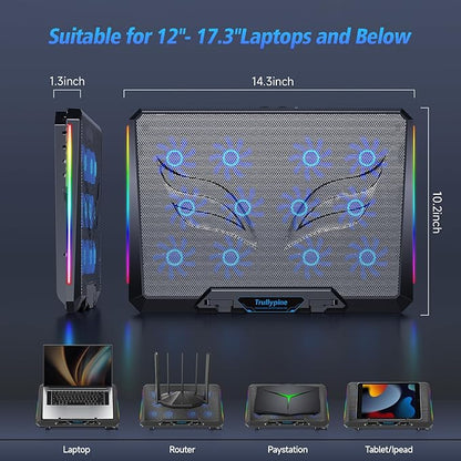 Laptop Cooling Pad with 12 Quiet Fans, Slim Portable for 12-17.3 Inch Laptop Cooler Stand with 5 Height Adjustable, Ergonomic Gaming Cooling Fan Pad with Two USB Ports & Phone Holder (Gear)