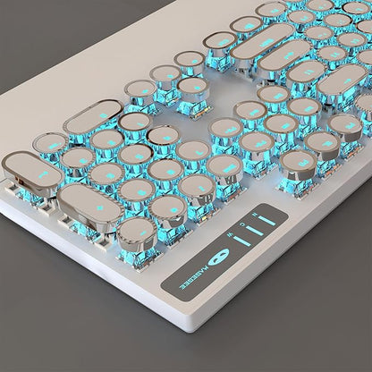 MageGee Typewriter Mechanical Gaming Keyboard, Retro Punk White Round Keycaps, 104 Keys LED Blue Backlit Wired Keyboards for Laptop MAC PC Gamer, with Magnetic Wrist Rest, Blue Switch