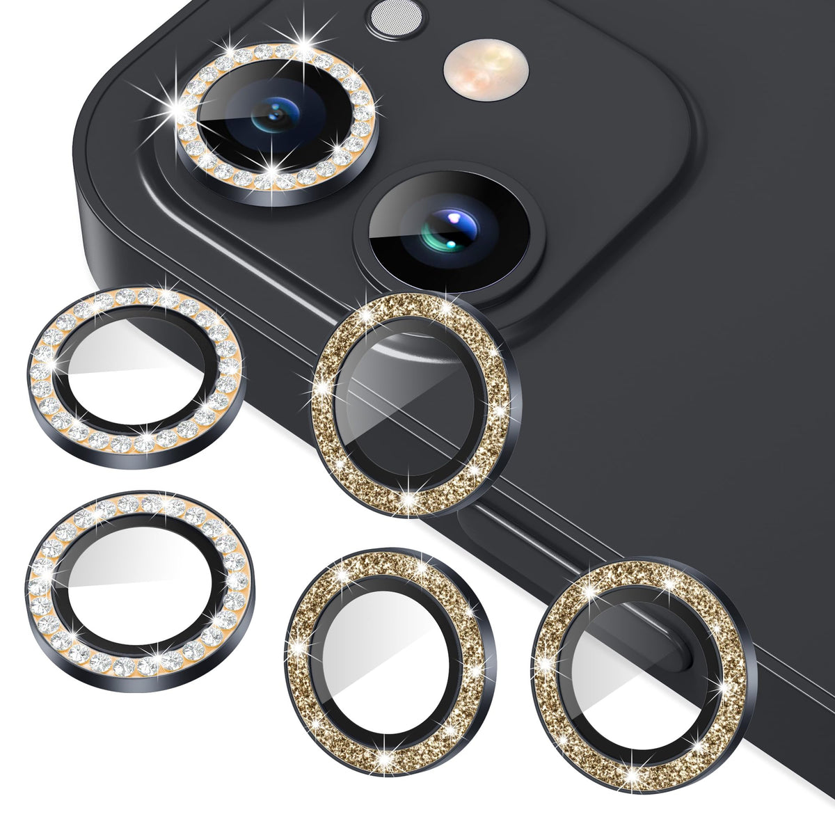 AGVEE 16 Pro & Max 3+3 6 Pack for iPhone 13 6.1" / 13 Mini 5.4" Camera Lens Protector, Bling Diamond & Bling Glitter Metal Ring 9H Tempered HD Glass Camera Cover Film, Glitter-Desert