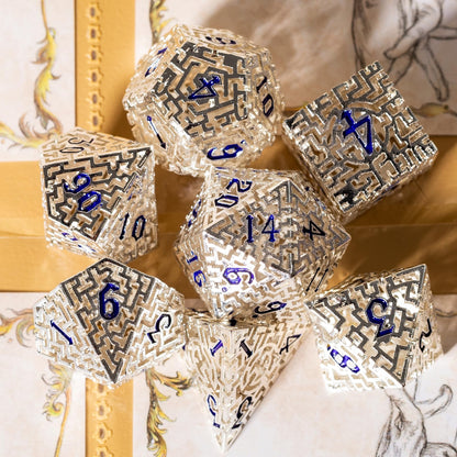 Rolledomain Metal Hollow DND Dice Set with A Gift Box, Silver Metallic Luster Maze Design, Ideal DND Dice Set for D&D DM and Players, Perfect for Dungeons and Dragons, MTG, COC Game Meetings (Cleric)
