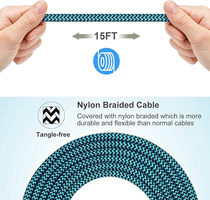 RoFI Micro USB Cable 15ft with 3A Fast Charging, Extra Long and Extremely Durable Nylon Braided Charger Cord for Galaxy S7/S6/J8/J7 Note 5,Kindle,LG,PS4,Camera,Xbox One and More (Black)