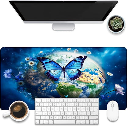 Desk Mat, Earth Surrounded by Flowers Desk Pad, Blue Butterfly Large Gaming Mouse Pad, 31.5"x15.7", Extended Big Computer Keyboard Mouse Pad with Non-Slip Base and Stitched Edge