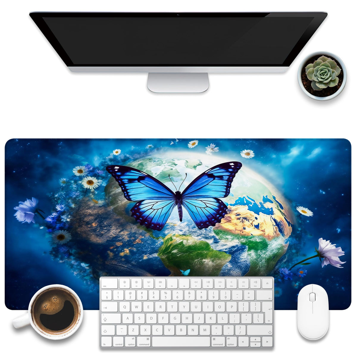 KOAIWPAE Desk Mat, Watercolor Pink Flowers Desk Pad, Green Leaves Flowers Large Gaming Mouse Pad for Desk, 31.5"x15.7" Extended Big Computer Keyboard Mouse Pad with Non-Slip Base and Stitched Edge