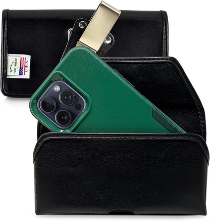Turtleback Belt Clip for iPhone 16 Pro Max, 15 Pro Max, 14 Pro Max -Medium- Fits w/Shockproof Commuter Style Cases, Premium Black Leather, Horiz. Belt Holder, Magnetic Closure HD Rotating Clip