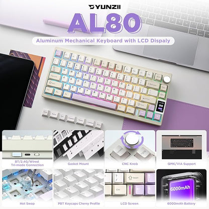 YUNZII AL80 Wireless Mechanical Keyboard,Full Aluminum CNC, Smart LCD Display,Hot Swappable Gasket Mount 75% Layout with Knob,BT/2.4G/USB-C,QMK/VIA Support for Win/Mac (Beige, Cocoa Cream V2 Switch)